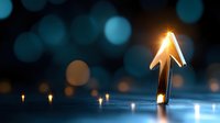 Glowing golden arrow pointing upward on reflective surface with blurred blue bokeh lights in dark background, symbolizing growth and success direction.