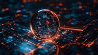 Magnifying glass on glowing circuit board pattern with orange and blue digital technology elements, cybersecurity concept for data analysis and investigation.