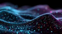 Abstract digital particle wave with glowing dots in cyan and magenta colors on black background for technology presentations and futuristic designs.