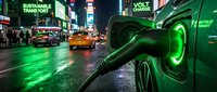 Electric vehicle charging at night in busy city street with neon lights and wet pavement reflecting green glow from charging port during urban transportation.