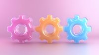 Three translucent gears in pink, orange, and blue arranged in a row on a gradient background, representing teamwork, settings, and mechanical processes for web and app design.