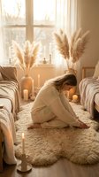 Young woman in cozy beige sweater sitting peacefully on fluffy rug surrounded by warm candlelight and pampas grass in serene living room setting.