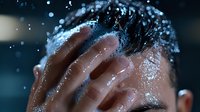 Young Asian man washing face with water splashing, dramatic lighting captures refreshing skincare moment against dark background with water droplets.