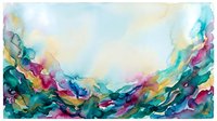 Vibrant watercolor landscape with flowing waves of magenta, teal, yellow, and gold creating an abstract horizon. Soft washes blend into light sky.