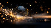 Transparent glass sphere with golden light trail and bokeh particles against dark background, creating magical cosmic atmosphere.