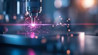 Precision laser cutting machine with glowing pink light and sparks during metalwork process, creating dynamic industrial atmosphere with bokeh effect in background.
