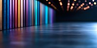 Glowing neon tubes reflect on glossy surface with bokeh lights in dark background creating futuristic nightclub atmosphere for entertainment and party concepts.