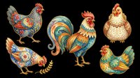 Colorful rooster and hen collection isolated on transparent background, ready for t-shirt design, clipart, stickers, sublimation and print-on-demand projects.