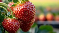 Fresh ripe strawberries growing on bush with green leaves in garden, macro close up view showing detailed texture and natural pattern of red berries.