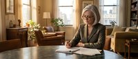Professional mature businesswoman with gray hair and glasses working at desk in modern office interior with natural lighting and urban view.