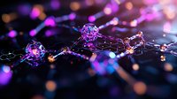 Glowing purple and blue network nodes connected by luminous lines against dark background, creating futuristic technological visualization effect.