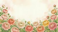 Watercolor ranunculus flowers border frame with soft pastel pink and yellow blooms on cream background for wedding invitations and spring designs.