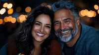 Mature interracial couple smiling at camera during evening date, with warm bokeh lights in background creating romantic atmosphere. Close up portrait shows genuine happiness.