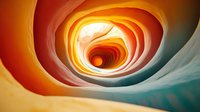 Abstract spiral tunnel in vibrant orange, yellow and turquoise colors creating dynamic perspective with curved lines and glowing center point. Suitable for modern interior decor.