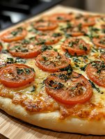 Freshly baked pizza topped with melted cheese, sliced tomatoes, and fresh basil garnish on wooden surface for food photography and culinary content.