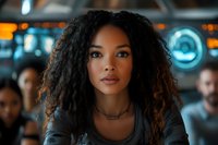 Young African American woman with natural curly hair looking directly at camera with confident expression against blurred modern interior background.