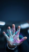 Hand displaying glowing digital circuit patterns with neon light effects representing technology innovation and futuristic connectivity concepts.