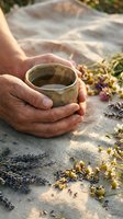 Elderly hands holding ceramic cup of herbal tea surrounded by dried lavender and chamomile flowers on linen fabric in warm sunlight for relaxation and wellness.