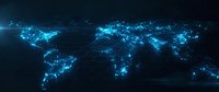 Digital world map with glowing blue network connections and data points showing global connectivity and communication technology for business presentations.