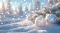 Elegant silver Christmas ornaments resting on fresh snow with pine branches and soft bokeh lights creating festive winter atmosphere.