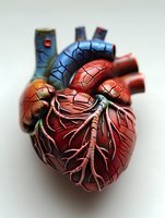Anatomically detailed model of human heart with textured surface and visible arterial system shown on light background, suitable for medical education purposes.