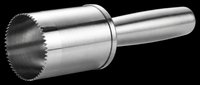 Metallic hole saw drill bit with serrated cutting edges isolated on transparent background, ready for design use in construction, tools, and industrial clipart applications.