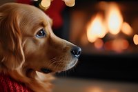 Golden retriever puppy with soulful eyes resting by warm fireplace creating cozy winter evening atmosphere for holiday greeting cards and pet care marketing.
