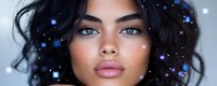 Young woman with dark wavy hair and blue eyes surrounded by sparkling stars and glowing lights creating magical fantasy portrait for beauty concepts.