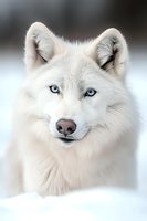 White arctic wolf with piercing blue eyes gazes directly at camera against snowy background, showcasing majestic wild canine beauty in natural winter habitat.