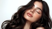 Young Asian woman with closed eyes, glowing skin and glossy dark wavy hair against white background, expressing serenity and natural beauty in beauty and wellness concept.