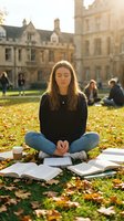 Young Caucasian female student meditating outdoors on university campus lawn surrounded by autumn leaves and open books during golden hour sunset.