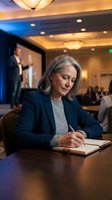 Mature businesswoman writing notes during corporate conference in hotel meeting room with colleagues and presenter in background.