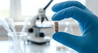 Laboratory technician in blue gloves examining small sample vial in modern research facility for scientific analysis and testing procedures.