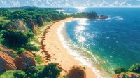 Aerial view of pristine sandy beach with turquoise ocean waves meeting red cliff coastline, lush green vegetation on hills, and rocky formations under bright summer sky.