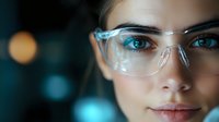 Young woman wearing transparent glasses with blue frame looking at camera against blurred bokeh background in turquoise tones, close up portrait.