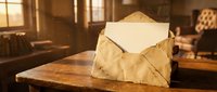 Vintage aged envelope with blank letter on wooden desk in warm sunlit office interior for correspondence and communication design projects.