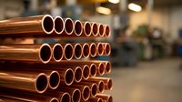 Copper pipes stacked in industrial warehouse facility for plumbing construction and manufacturing applications in metalworking industry.