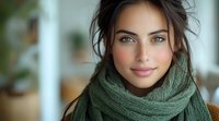 Young Caucasian woman with natural makeup and striking green eyes wearing cozy green scarf, messy updo hairstyle smiling at camera against blurred interior background.