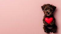 Adorable brown Yorkshire terrier puppy lying on pink background with red heart decoration, isolated studio shot for Valentine's day or pet love concept.
