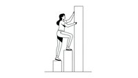 Woman climbing stairs with arrow pointing upward symbolizing career growth, success, achievement and professional development in minimalist line art style.