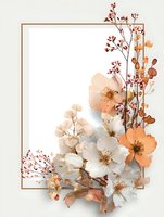 Elegant floral composition with delicate peach and white blossoms, dried berries, and botanical elements framed by gold border on white background.