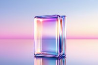 Luminous glass block with iridescent rainbow reflections on gradient pink and blue background, creating ethereal glow effect. Modern minimal composition.