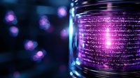 Glowing purple digital code lines on glass cylinder with bokeh lights in background, futuristic technology concept for cybersecurity and programming.