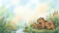 Capybara family resting by peaceful water surrounded by lush tropical vegetation and soft morning light creating serene wildlife scene for nature designs.