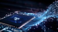 Glowing blue fiber optic cables connect to computer processor chip on dark circuit board, representing digital data transfer and modern technology advancement.