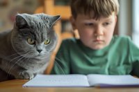 Young boy in green sweater looking frustrated while studying with British shorthair cat sitting near open notebook, focus on serious gray feline face.
