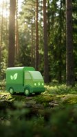 Green electric delivery truck toy with leaf symbol on moss-covered log in sunlit forest representing eco-friendly transportation and sustainable logistics.