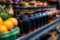 Row of dark glass bottles with amber liquid displayed on shelf with fresh citrus fruits and produce in blurred background, suitable for beverage, health supplement, or retail marketing.