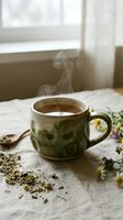 Steaming herbal tea in handmade ceramic mug with dried herbs and chamomile flowers on rustic table by window for wellness and relaxation rituals.