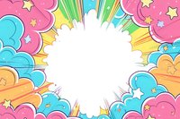 Colorful comic style explosion frame with clouds and stars on white background, ready for text overlay. Cartoon burst effect in pink, blue and orange tones.